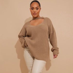 Plus Taupe Knitted V Neck Cut Out Sweater